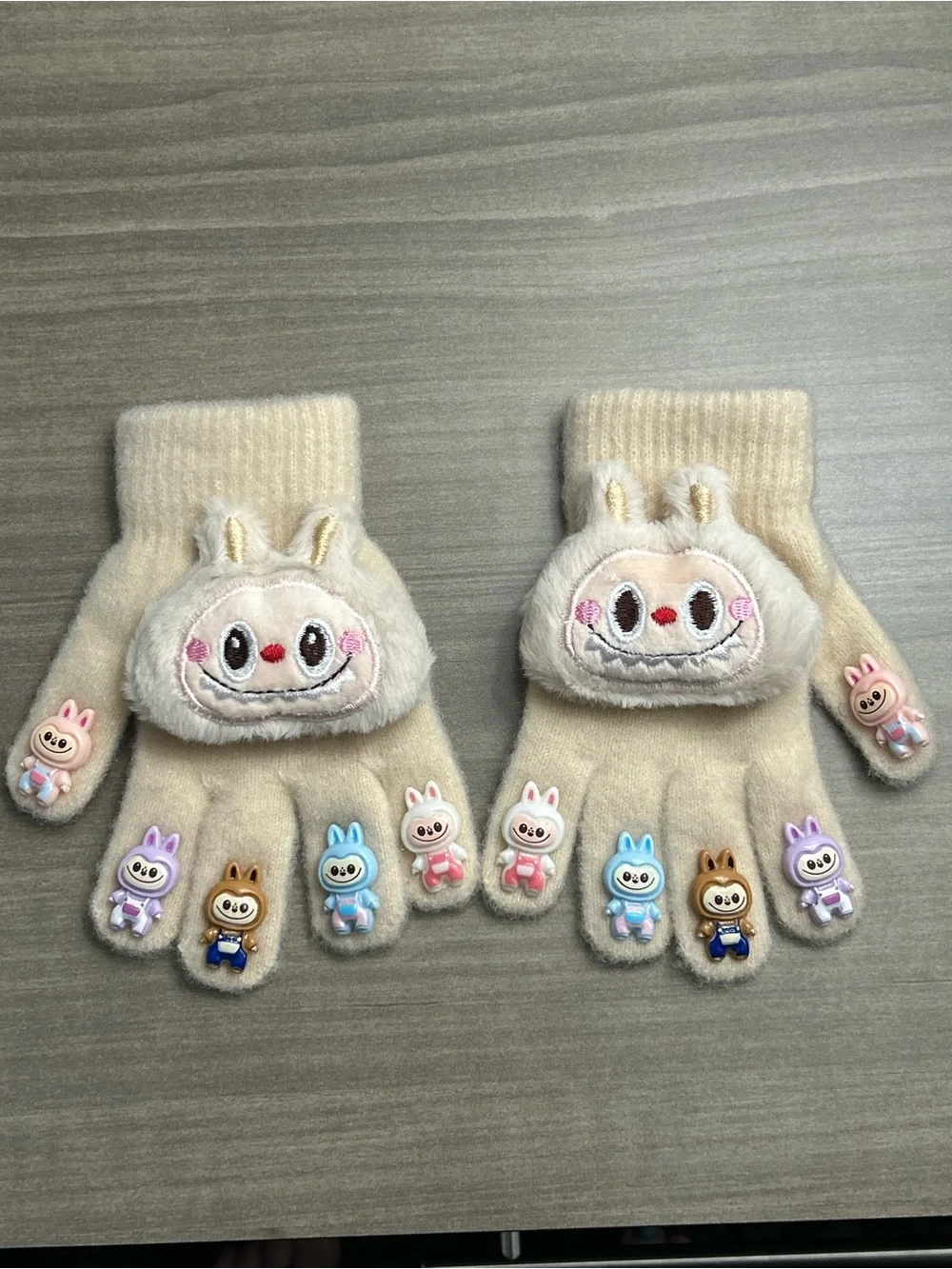 Kids Cream Labubu style  Character Gloves